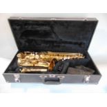 Gold lacquered 500 series Jupiter saxophone, with case and accessories