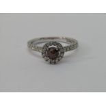 18ct white gold diamond halo cluster ring, the central rose cut brown diamond 0.55ct, size Q, 4g,