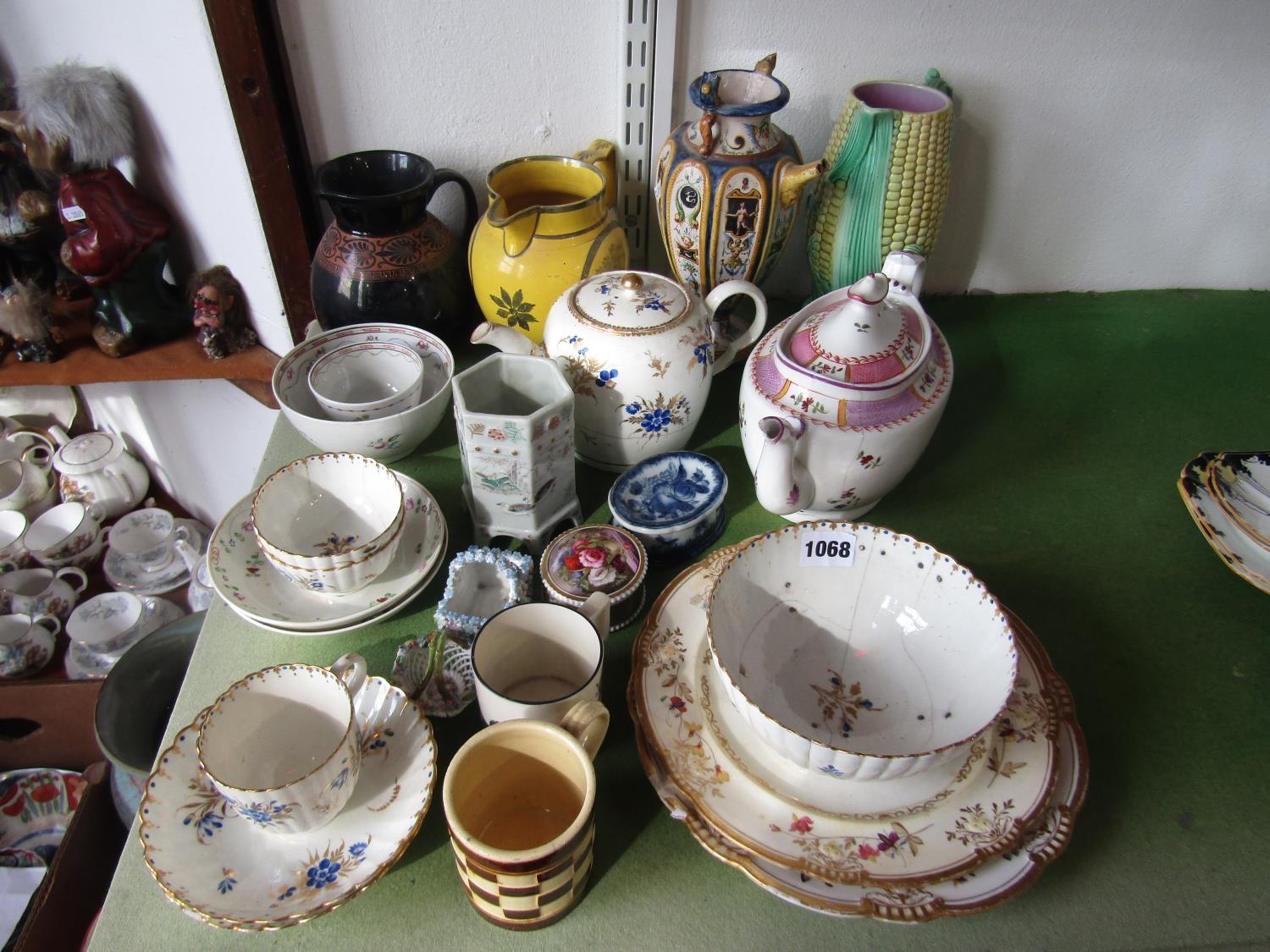 A collection of late 18th and 19th century ceramics including tea bowls and saucers, a majolica - Image 2 of 2