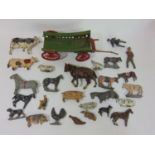 Collection of pre war die-cast farm animal toys and a cart by Charbens (all playworn and AF)