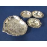 Late Victorian silver heart shaped trinket dish, decorated in relief with a romantic scene, maker HM