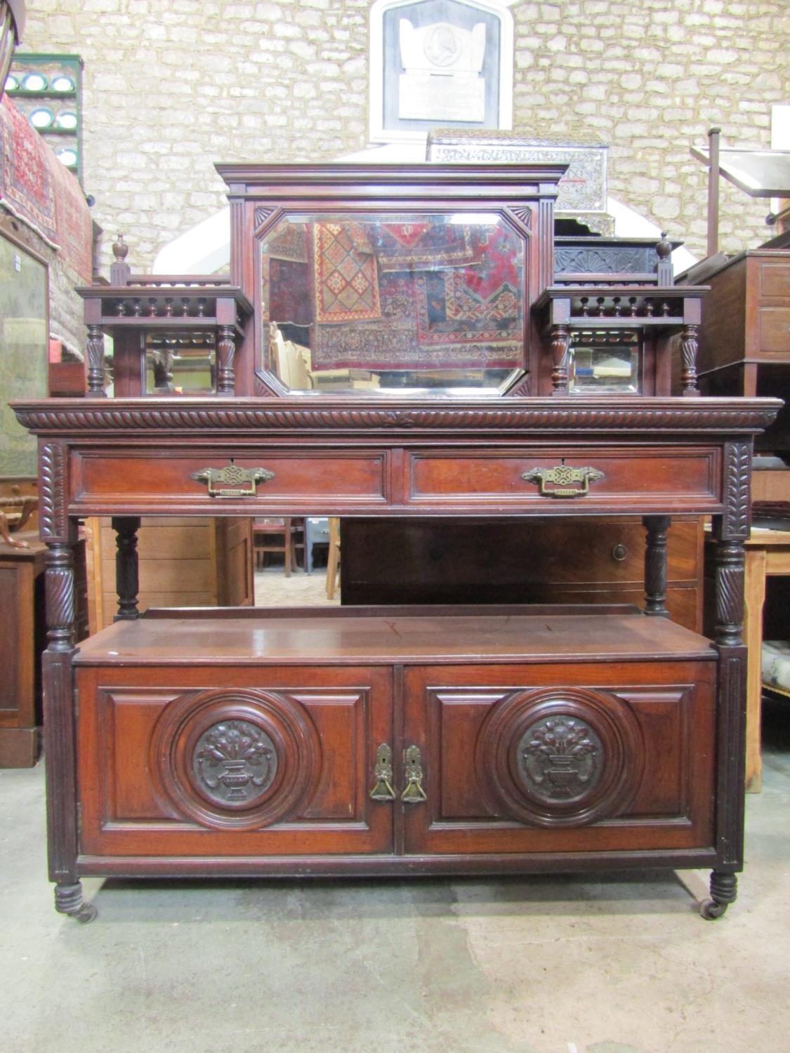 A good quality late Victorian/Edwardian walnut buffet, the raised back incorporating three - Image 2 of 10