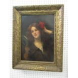 Early 20th century British school bust length study of a young woman holding a hand mirror and