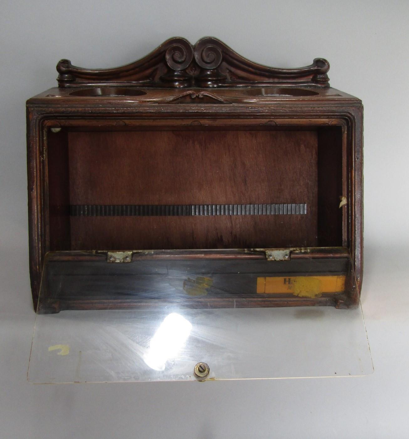 A good vintage table top cigar cabinet, with hinged glass front and various carvings and - Image 2 of 2