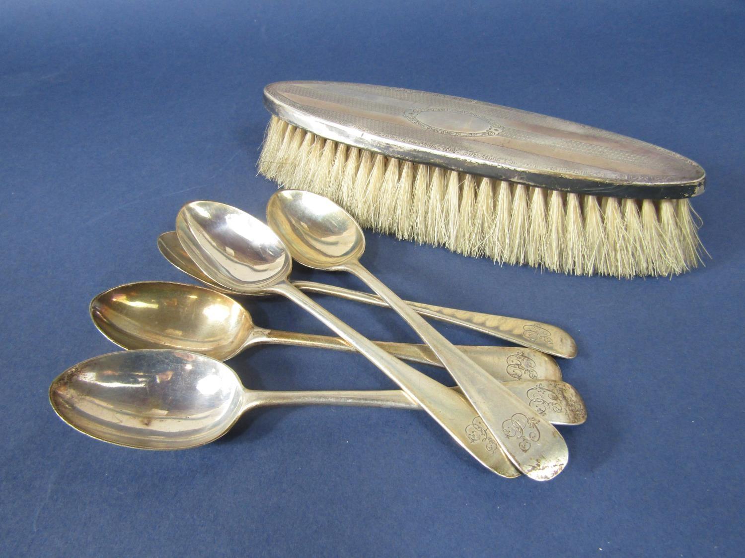 Set of five Victorian silver Old English tea spoons with monogrammed crest, maker FH, London 1894,