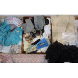 Collection of vintage and antique clothing and accessories including 3 fans, ladies gloves, 19th