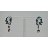 Pair of silver drop earrings and a similar ring set with blue topaz, seed pearls and marcasite (3)