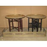 Two similar Eastern benaries type engraved glass circular occasional tables and folding stands,