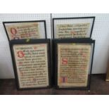 A collection of 19 antique framed religious texts in Latin with decorative initial letters and