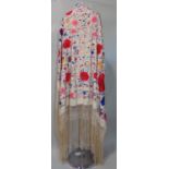 Embroidered silk piano shawl, with brightly coloured blooms in pink / purple shades on ivory ground,