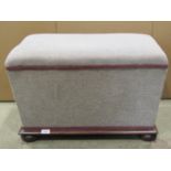 A Victorian sarcophagus shaped box ottoman with hinged lid canted sides and upholstered finish,