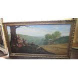 A large 20th century painting in the 19th century manner of an extensive harvesting landscape with