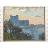 Carolyn Sergeant (British 1937-2018) - Study of a castle with flag flying from the ramparts, oil