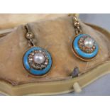 Pair of Victorian yellow metal drop earrings set with a pearl and rose cut diamond cluster on