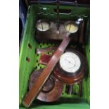 Box of interesting items comprising a circular wall barometer, brass weighing scales, spirit