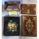 Victorian boulle work type rosewood and brass book cover, together with a further lacquered