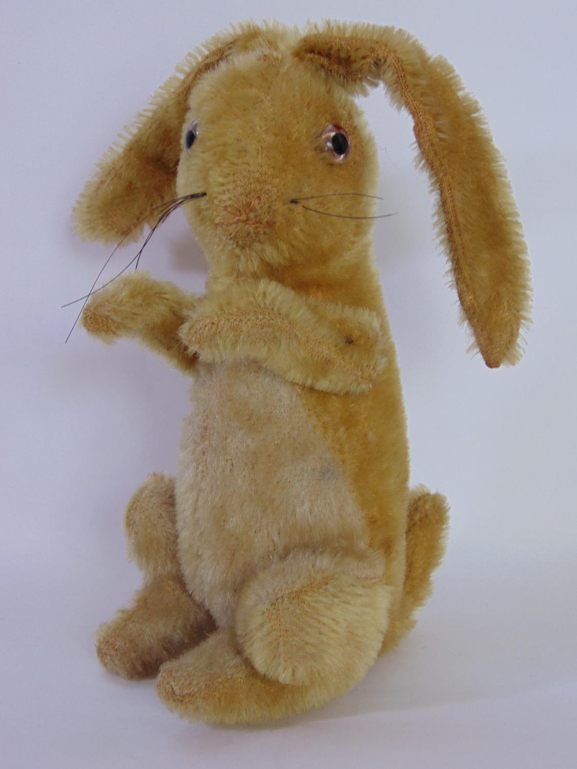 Vintage rabbit, (possibly Steiff but no pin), with glass eyes, golden fur, whiskers, articulating