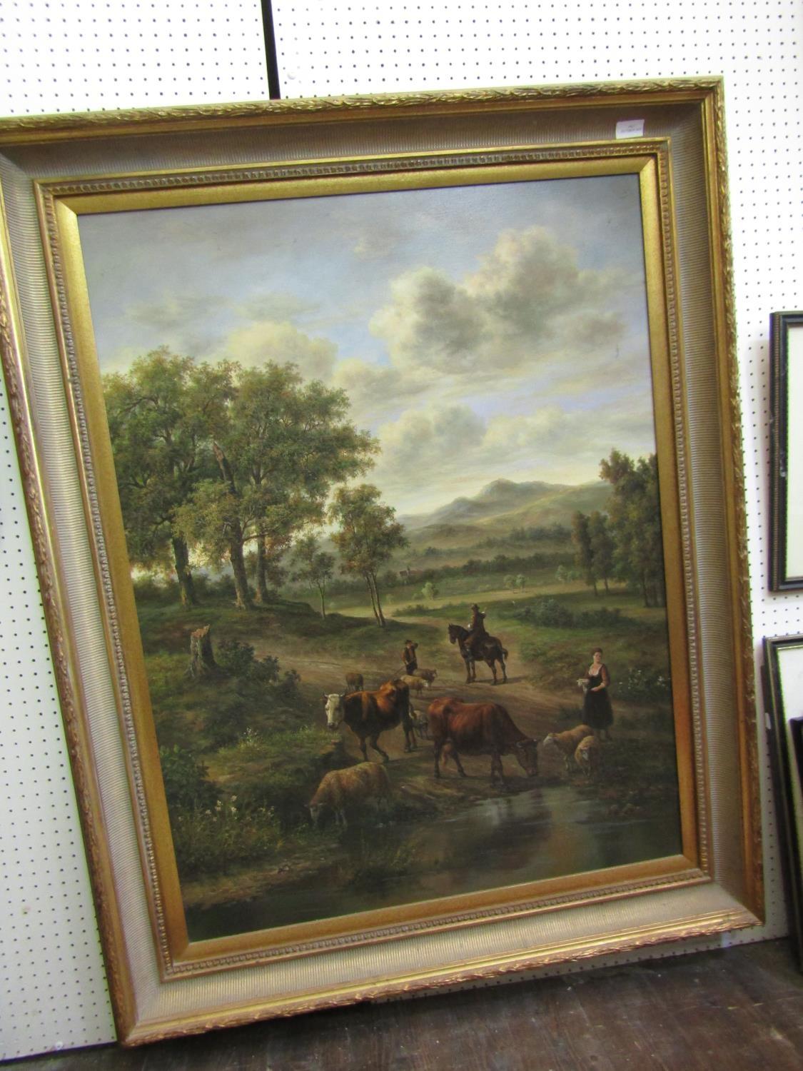 20th century school in the late 18th century manner - Extensive mountainous landscape with horsemen,