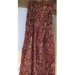 3 pairs of good quality full length curtains in red/gold with classical motif , triple pleat heading