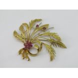 18ct floral spray brooch set with pink spinel, 12.7g
