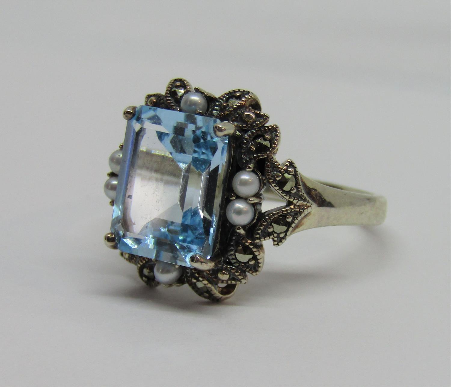 Pair of silver drop earrings and a similar ring set with blue topaz, seed pearls and marcasite (3) - Image 2 of 2