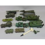 Collection of English and French Dinky military toys including 2 Supertoys tank transporters, 2 Tous