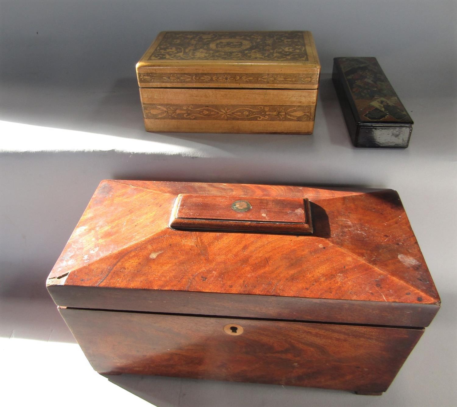 A 19th century mahogany sarcophagus tea caddy with hinged lid together with a further lacquered