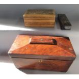 A 19th century mahogany sarcophagus tea caddy with hinged lid together with a further lacquered