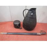 An old English oak ewer, with steel bands and loop handle, a further farm workers cider barrel and