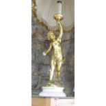 Figural table lamp in the form of a gilt wood type cherub holding a candle shaped sconce upon a