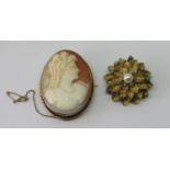 Vintage 9ct flower head brooch / pendant by Zeeta, with turquoise and pearl decoration and brushed