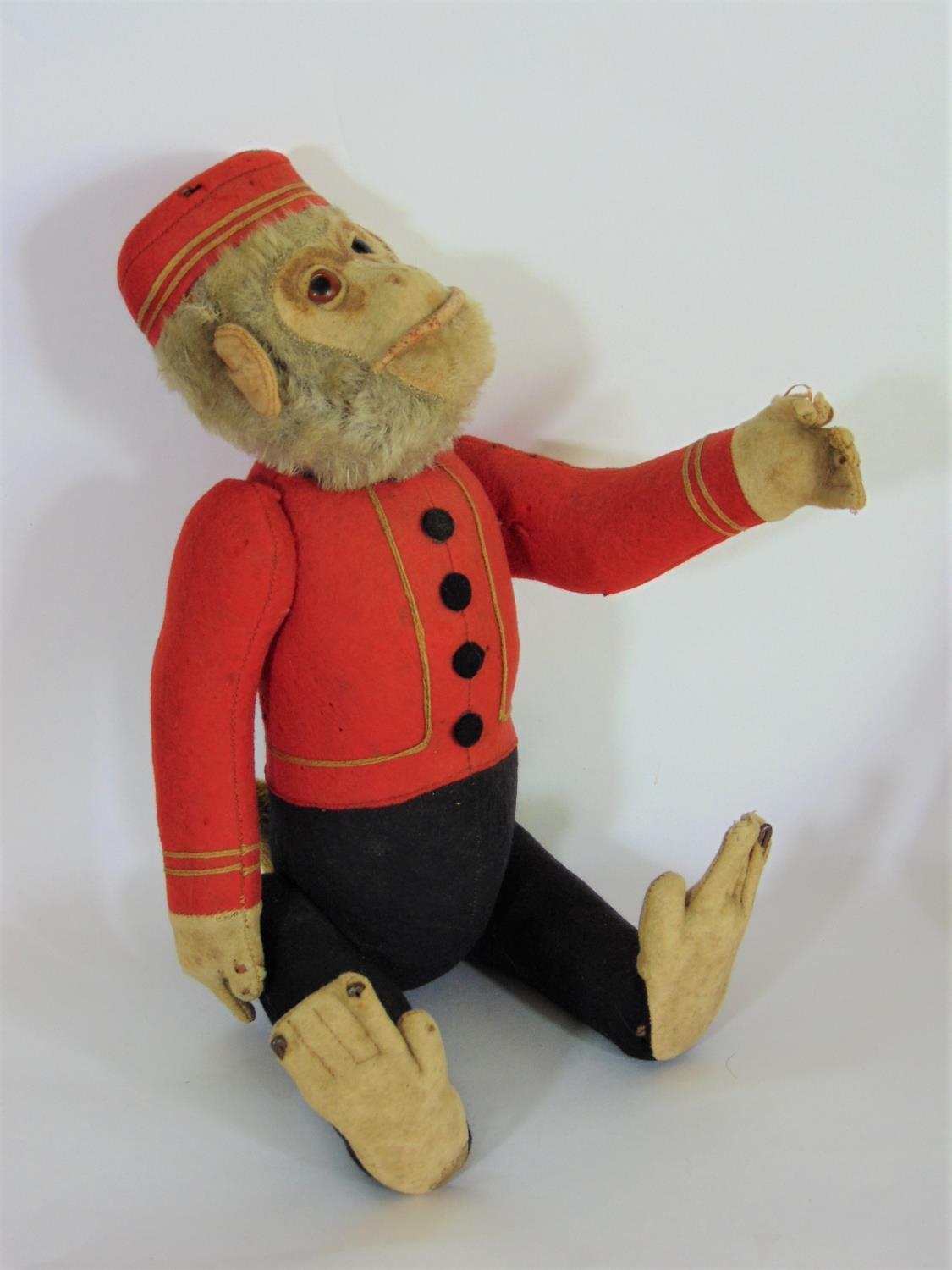 Schucco Bellhop Yes/ No monkey C1920's with brown glass eyes, fur head, felt face, in red and - Image 10 of 11