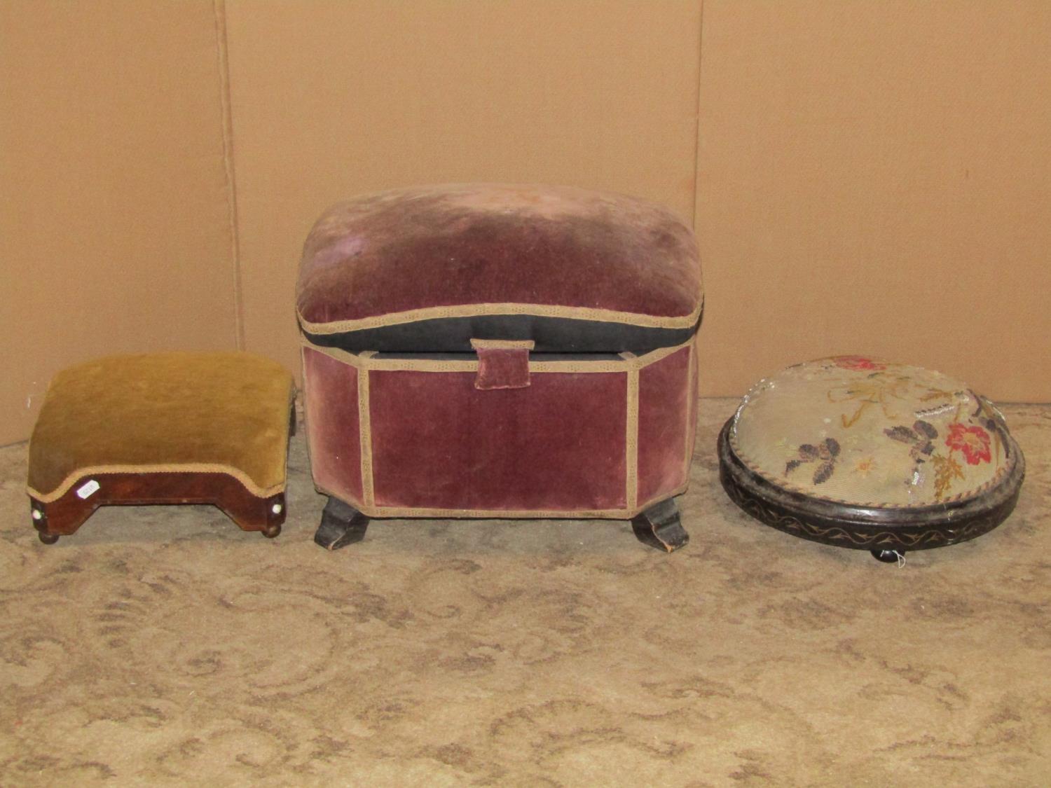 A vintage metamorphic child's high chair with elm seat, together with two Victorian footstools of - Image 2 of 3