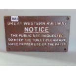 Great Western Railway notice plaque, 30 x 17cm
