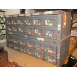 A pair of industrial steel banks/runs of twelve index filing drawers, 91cm wide x 30cm deep x 23cm