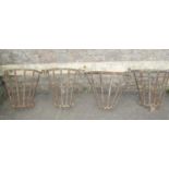 Four old strap work, wall mounted bow fronted baskets 53 cm high (full height x 60 cm wide)