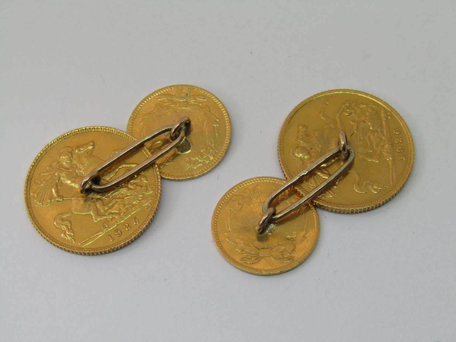 Pair of cufflinks composed of two half sovereigns dated 1925 and 1926 and two further gold coins, - Image 2 of 2