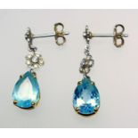 A PAIR OF TOPAZ AND DIAMOND DROP EARRINGS, PEAR-CUT BLUE TOPAZ WEIGHING APPROX. 2.50 CT EACH,