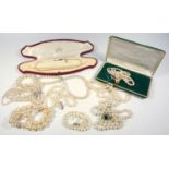 9 CT 'CIRO' STAMPED TRIPLE STRAND PEARL CHOKER NECKLACE (BROKEN), A TWO STRAND FAUX PEARL NECKLACE