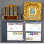 SIXTY-ONE FIRST DAY COVERS FROM 1981 IN ALBUM, L.P. RECORDS AND A GILT MOULDED PICTURE FRAME AND