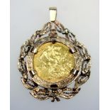 SOVEREIGN - VICTORIA 1889, SET IN A 9 CT GOLD PIERCED WREATH DESIGN PENDANT MOUNT, GROSS WEIGHT 14.1