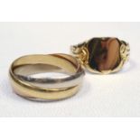 18 CT WHITE, YELLOW AND ROSE GOLD TRINITY RING, B. BROS, SHEFFIELD, STAMPED 750, SIZE N (APPROX.),