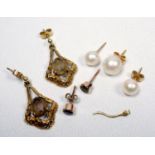 PAIR OF 9 CT GOLD OVAL CUT SMOKEY QUARTZ PIERCED DROP EARRINGS; PAIR OF 9 CT PEARL EARRINGS AND