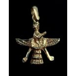 A YELLOW METAL FARAVAHAR CHARM/PENDANT, STAMPED 22C, GROSS WEIGHT APPROXIMATELY 3.9 GRAMS