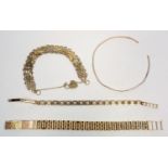 THREE 9 CT GOLD BRACELETS AND A BANGLE (BROKEN), 31.7 GRAMS (4)