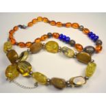 AMBER, LAPIS LAZULI AND WHITE METAL NECKLACE (L. 52 CM APPROX.) AND ANOTHER NECKLACE (L. 46 CM