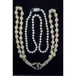 MIKIMOTO CULTURED PEARL NECKLET, KNOTTED ON A SILVER SNAP; TWO ROW SEED PEARL MULTI-CLUSTER