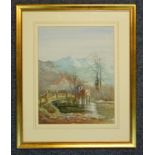 20TH CENTURY BRITISH SCHOOL, LAKELAND SCENE, HORSES DRINKING WITH MOUNTAINS BEYOND, WATERCOLOUR, (