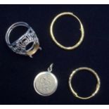 A 9CT YELLOW GOLD ST. CHRISTOPHER PENDANT, TWO SINGLE HOOP EARRINGS (ONE MISSHAPEN), AND A YELLOW