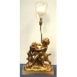 TABLELAMP MOUNTED WITH A GILT PLASTER GROUP OF A PUTTO AND GOAT, ON A GREEN ONYX BASE (H. 51 CM)